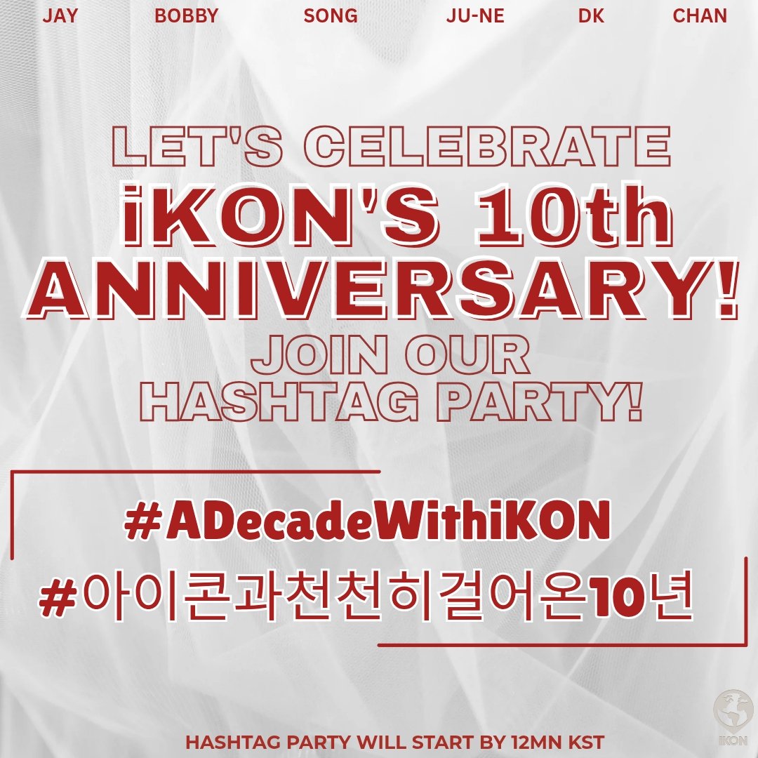 iKON_Global's tweet image. [📣] iKONICS, prepare yourselves as we'll be having a hashtag party to celebrate iKON's 10th anniversary! 🔥

Save the tagline below so you can drop it exactly at 12 AM KST!

Make sure to spread this, and inform your iKONIC friends too!💓

Let's go!🙌

#iKON #아이콘 @iKONIC_143