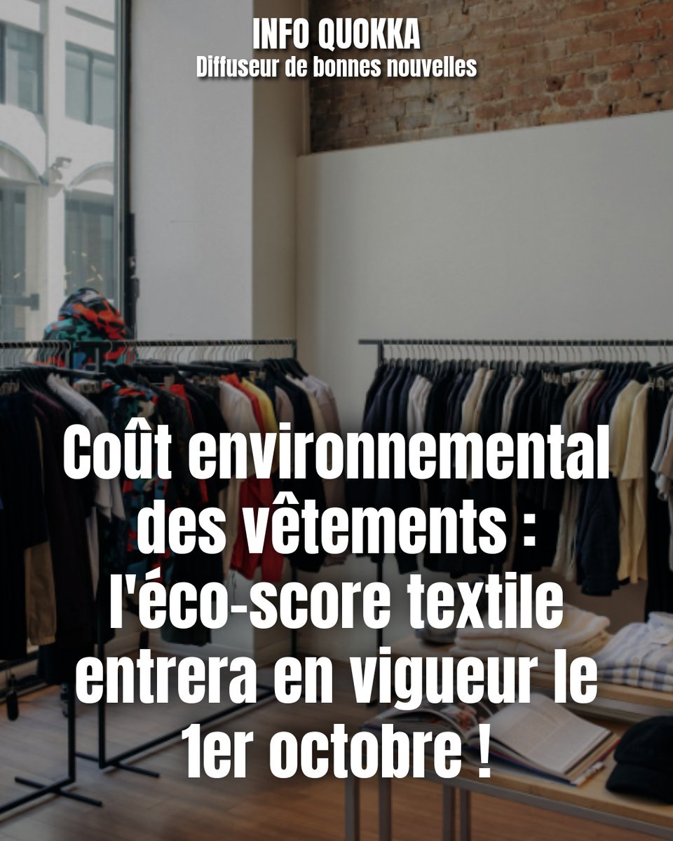 Info_Quokka's tweet image. Un nouvel étiquetage environnemental entre en vigueur dès le 1er octobre 2025, grâce à un décret signé le 9 septembre. Il introduit l’éco-score textile, un outil destiné à informer les consommateurs sur l’empreinte écologique de leurs vêtements. info-quokka.com/p/les-bonnes-n… #ÉcoScore