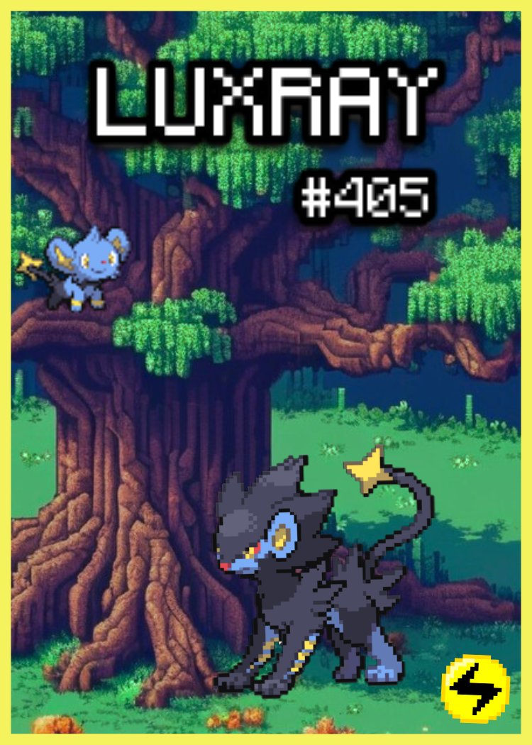 Estoy recreando cartas Pokémon en formato pixel art!😼🎨

Hoy es el turno de Luxray (#405), para variar he añadido a otro Pokémon al diseño, ya que según la Pokédex siempre esta con sus crías.

¿Cuál quieres que sea el siguiente?

Proceso completo en mi canal de YT! Link en Bio