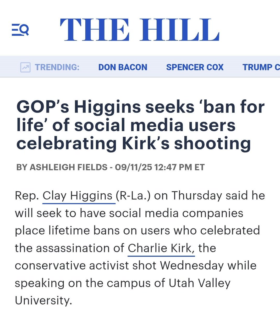 미 공화당 하원의원이 찰리커크를 조롱하면 SNS 계정을 영구 정지시키겠다고 밝힘. SNS 검열에 이어 통제까지. 미국은 중국 뺨치는 '자본 독재국가'가 되고 있다. Charlie Kirk.