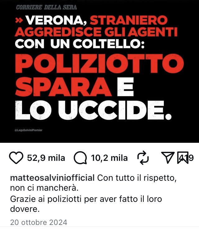 elio_vito's tweet image. Salvini oggi in una intervista attacca chi ha espresso soddisfazione per la morte di Kirk.
Salvini è quello che quando ad ottobre fu ucciso dalla polizia il migrante Moussa Diarra con un disturbo psichico scrisse “non ci mancherà”. Lo schifo.