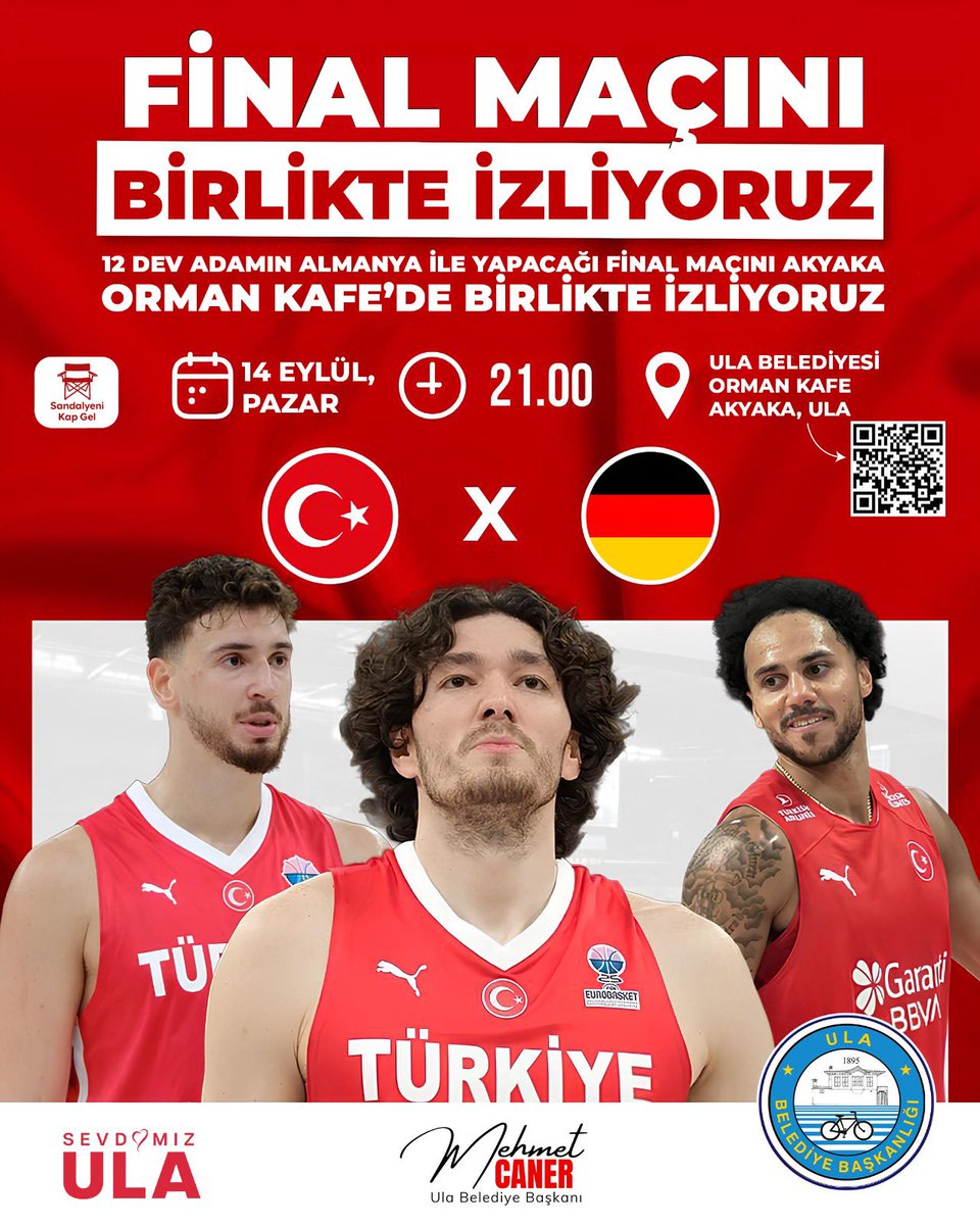 🏀🇹🇷 FİNAL MAÇINI BİRLİKTE İZLİYORUZ! 🇹🇷🏀

12 Dev Adam’ın Almanya ile yapacağı final heyecanını birlikte yaşıyoruz!
📍 Ula Belediyesi Orman Kafe – Akyaka
📅 14 Eylül Pazar
⏰ 21.00

🎉 Sandalyeni kap gel, milli gururumuzu birlikte destekleyelim!
🇹🇷 Türkiye 🆚 Almanya 🇩🇪