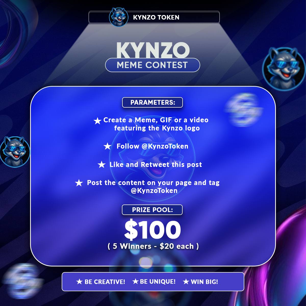 🚨 KYNZO MEME COMPETITION 🚨

Bring out your best memes, GIFs, or videos with the $KYNZO logo and show off your creativity! 🔥
      Duration: 24 Hour
  
Tasks to Join:
1️⃣ Follow 👉 @KynzoToken
2️⃣ Like ❤️ &amp; Retweet 🔁
3️⃣ Post your creation in the comments ⬇️

 Let’s see who can