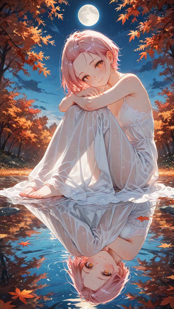 #AI花蝶楓月 
テーマ: 楓、月
湖面が映す楓と照らす月🍁🌕

わたしの企画も残すところあと少しとなりました！！本当にたくさんの投稿ありがとうございます(T ^ T)
あと数時間お付き合いください💕
イラストご用意されている方、ご参加お待ちしております🥰