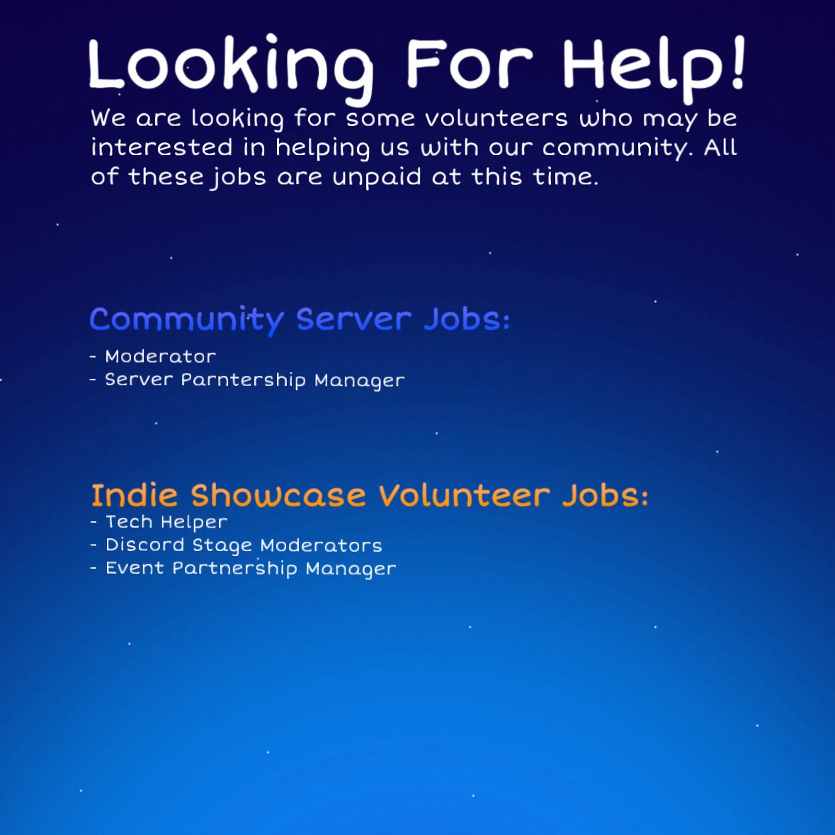 braindevgroup's tweet photo. We are looking for some help! The image below shows jobs we are looking to get help with. (All unpaid)
Please dm us if interested.
#help #indiegames #BrainDev #IndieShowcase2026 https://t.co/dfOupgKDbI