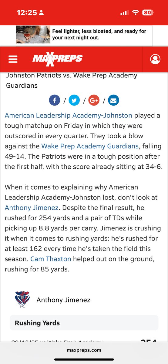 4 games in senior season 
79 carries 
812yards 
avg:10.3
100+yards: 4
11touchdowns 
8 (2pts) 
Beating last year record💪🏽
<a href="/ALAJohnstonFB/">ALAJOHNSTONFOOTBALL</a> <a href="/CoachNBlackburn/">Nate Blackburn</a> <a href="/gobigrecruiting/">Go Big Recruiting</a> <a href="/Get__Recruited/">Get Recruited</a> <a href="/MaxPreps/">MaxPreps</a> #wewill