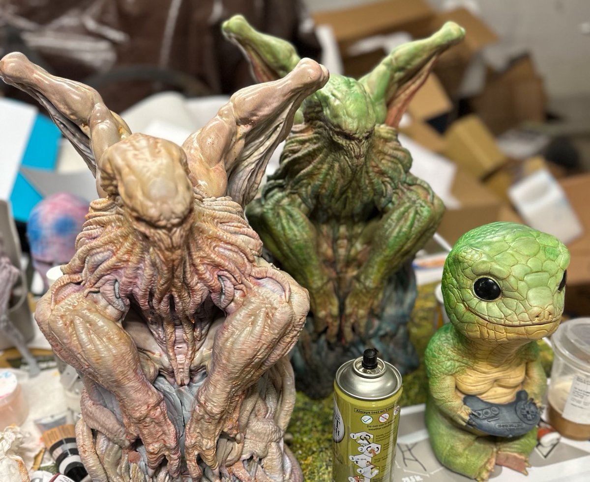 My beautiful boys . 2 big cthulus and one 12” lizard boy for scale . And seventeen hundred packing boxes in the back ground. From the days of yore doing prep for MonsterPalooza with my man <a href="/Monstermash042/">Jared Krichevsky</a> .