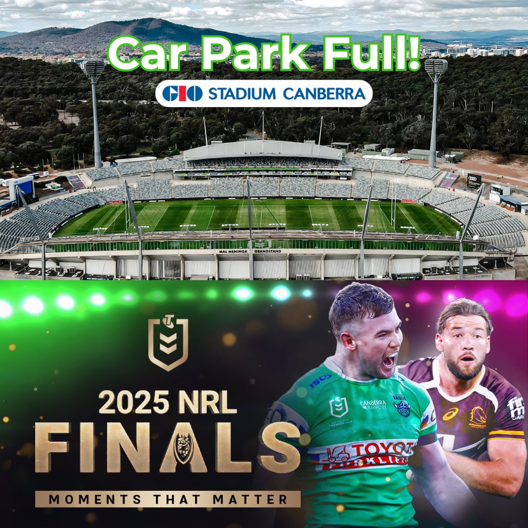 🙏 Thanks to all the patrons who parked early for today’s qualifying match - both main car parks are now full. 🚗 If you’re still on your way to the match, please head straight to the overflow parking at CIT and the UC. 
<a href="/RaidersCanberra/">Canberra Raiders</a>  <a href="/brisbanebroncos/">Brisbane Broncos</a> #NRL #Canberra