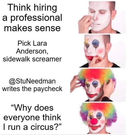 DanielRLeons's tweet photo. @standmonitor @StuNeedman Imagine clocking into work just to fund Lara Anderson’s banshee cosplay on sidewalks. 💀

@StuNeedman really cutting clown checks on purpose. https://t.co/a4gs5s2Pgi