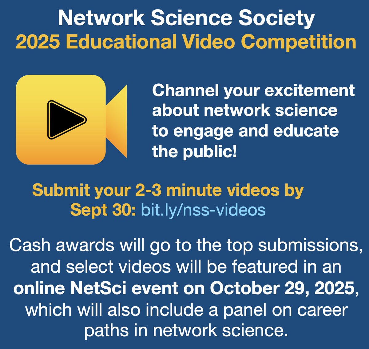netscisociety's tweet image. Channel your excitement about network science to engage and educate the public!

The deadline for our annual educational video competition is two weeks away. bit.ly/nss-videos