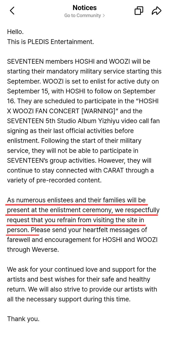 [NOTICE] Regarding WOOZI’s Military Enlistment

As WOOZI begins his mandatory military service, we kindly remind all CARATs of the following:

1. Do not post or share any photos/videos taken during his enlistment ceremony.

2. During his military service, do not post or circulate