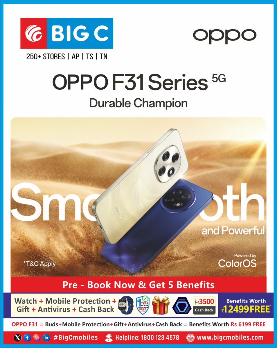 🚀✨ Pre-Book the All-New OPPO F31 Series 5G at Big C Mobiles! ✨🚀
📍 Visit your nearest Big C Mobile Store today!
Pre-Book Now: bit.ly/4nyyuba
📞 Call us today: 1800 123 4578

#bigcmobiles #oppof31series5g #prebooknow #5gbenefits #latestlaunch #techlovers #oppoindia