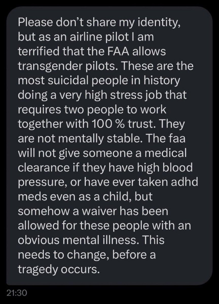 TUXHXR_X's tweet image. As someone who flies every week, this is deeply alarming.
The FAA should immediately halt the hiring of transgender pilots.
We need urgent intervention before lives are put at risk.