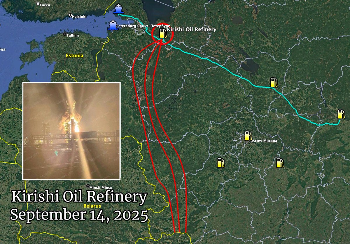 Ukraine 🇺🇦 struck the Kirishi Oil Refinery, Russia’s 2nd largest oil refinery, responsible for 6% of Russia’s oil refining capacity, up to 17.7 million tons/year

Kirishi supplies refined oil to the Port of Primorsk and is responsible for a third of Russia’s Baltic diesel exports