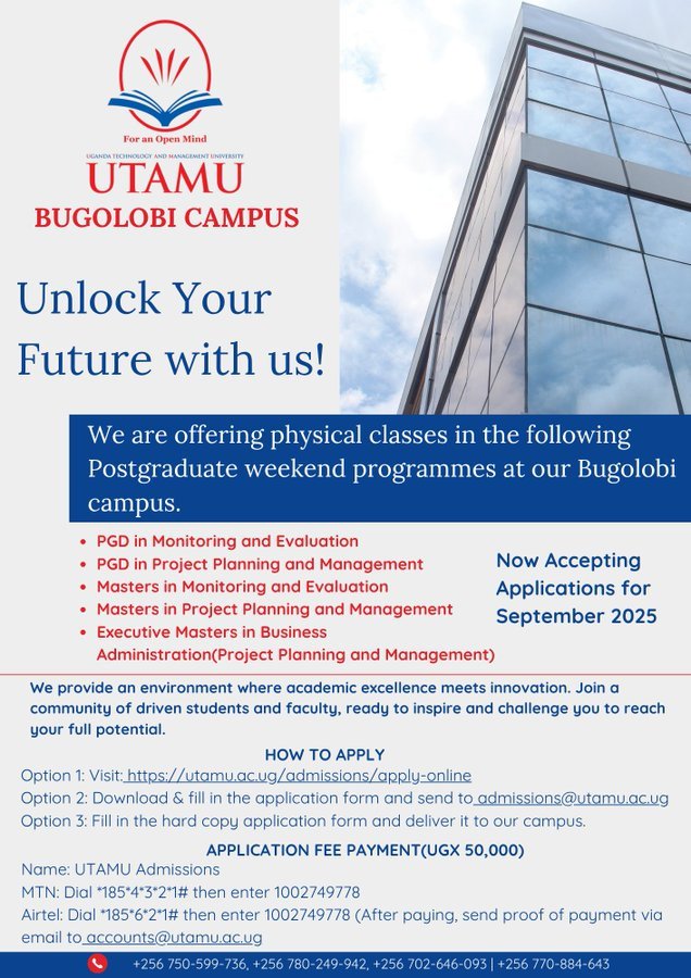Bugolobi Campus, offering a flexible and convenient study schedule designed specifically for working professionals, busy individuals. Graduate link: utamu.ac.ug/admissions/app…

<a href="/utamu_7/">UTAMU</a> <a href="/baryamureeba/">Prof. V Baryamureeba</a>