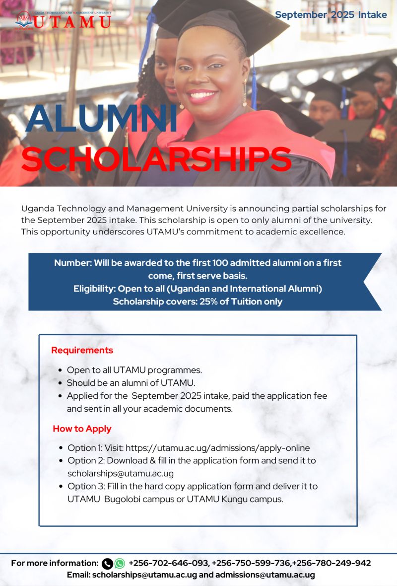Calling all UTAMU Alumni! As a token of appreciation, we're offering a 25% partial scholarship for your next academic adventure in September 2025.  Graduate link: utamu.ac.ug/admissions/app…………                                       

Undergraduate link: