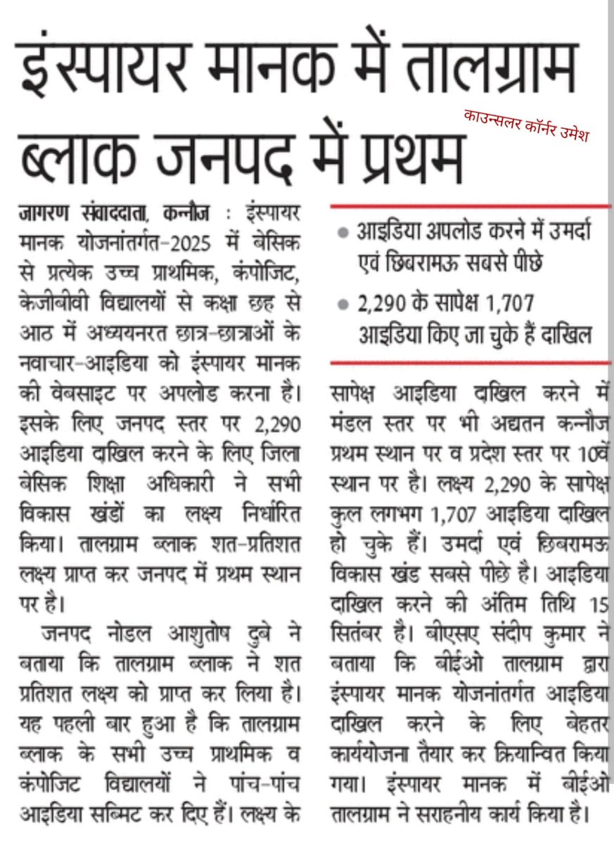 इंस्पायर-मानक योजनान्तर्गत बेसिक से तालग्राम, जलालाबाद, गुगरापुर ब्लाक ने शत् प्रतिशत लक्ष्य को प्राप्त किया।
<a href="/basicshiksha_up/">Department Of Basic Education Uttar Pradesh</a> 
<a href="/dm_kannauj/">District Magistrate, Kannauj (Official)</a> 
<a href="/thisissanjubjp/">Sandeep Singh</a>