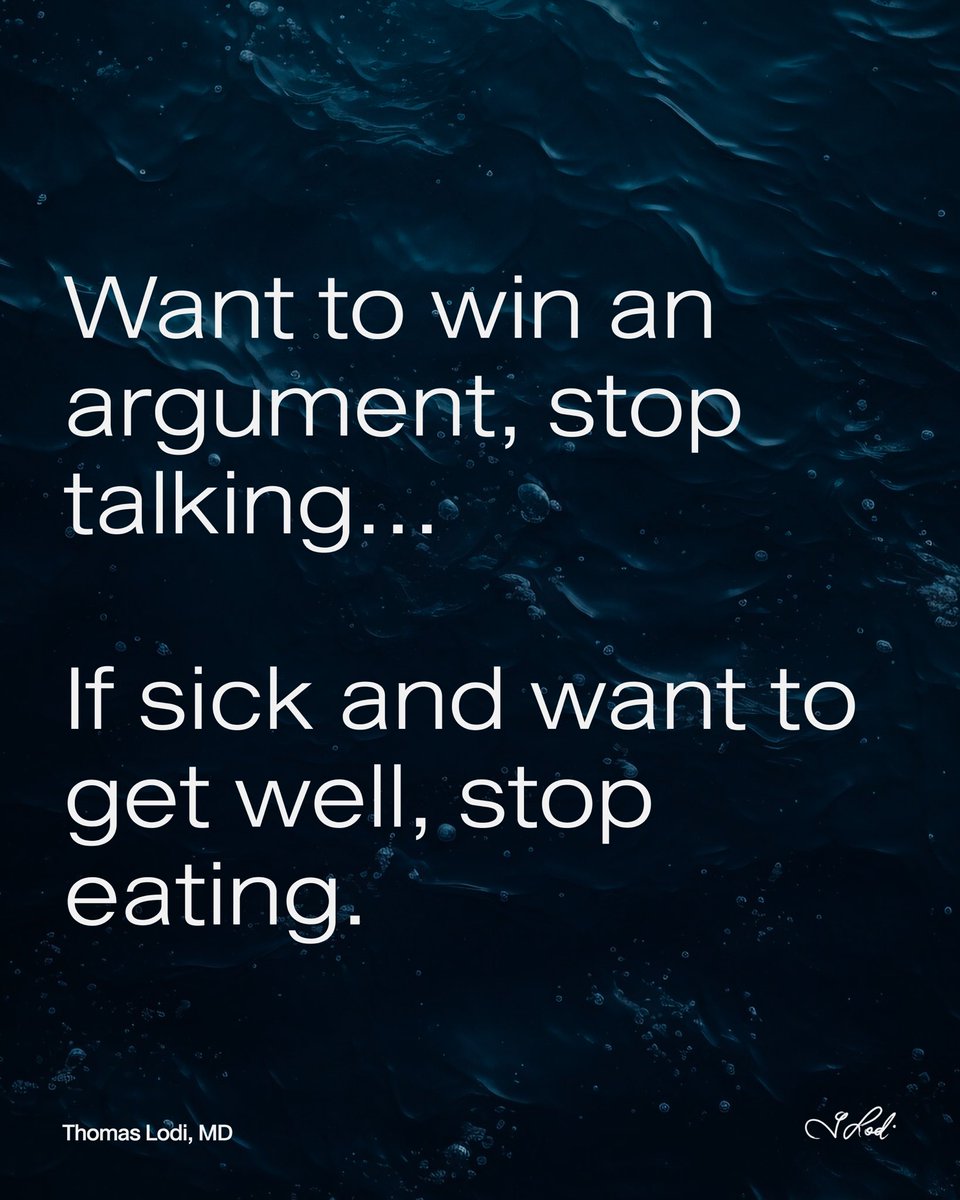 DrThomasLodiMD's tweet photo. "Want to win an argument, stop talkingโฆ if sick and want to get well, stop eating"
โ Lodi Logic โ
Thomas Lodi, M.D.
#DrLodi #DrThomasLodi #StopMakingCancer #AnOasisOfHealing
#LodiLogic #FastingWisdom #HealingThroughSilence #MindBodyHealing #NaturalHealth https://t.co/BDX8IhXlaK