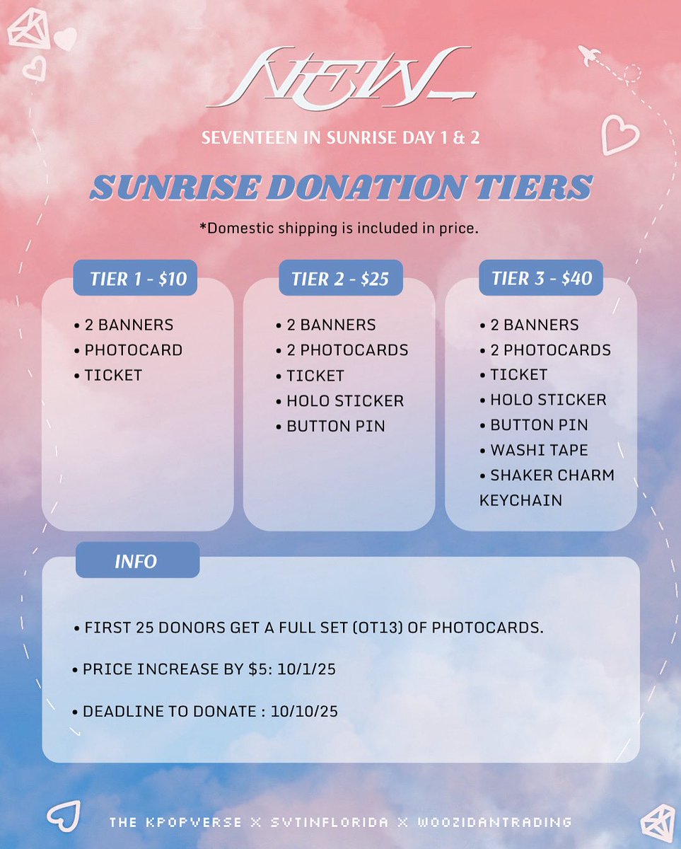 TheKpopverse's tweet photo. #SEVENTEEN_IN_ in Sunrise Day 1 &amp; Day 2 Banner Project donations are open! Every contribution counts towards making this project a success. Here are some key details to note:

💎Every donation tier gets both Day 1 &amp; Day 2 Banners 
💎Donation form: https://t.co/LsudaA022Q https://t.co/PfdToJ1cQc