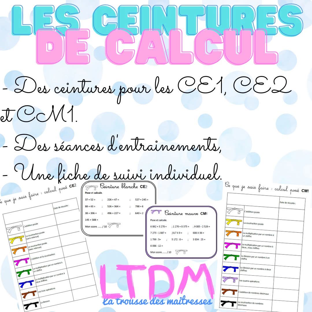 les ceintures de calcul posé latroussedesmaitresses.eklablog.com/ceintures-calc…
🧮 Des ceintures pour les CE1, CE2 et CM1
🧮 Des séances d'entrainements,
🧮 Une fiche de suivi individuel.

#TeamPe #TeamC2 #TeamC3 #Calcul #Maths