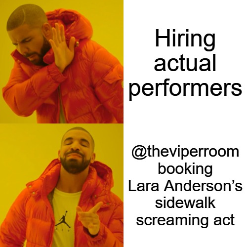 DanielRLeons's tweet photo. @standmonitor @theVIPERroom @BlackTommy .@theviperroom @blacktommy nothing says classy nightlife like handing the mic to Lara Anderson’s banshee routine. Drake voice: this the one. 💀🎤 https://t.co/2IYAstwq8F