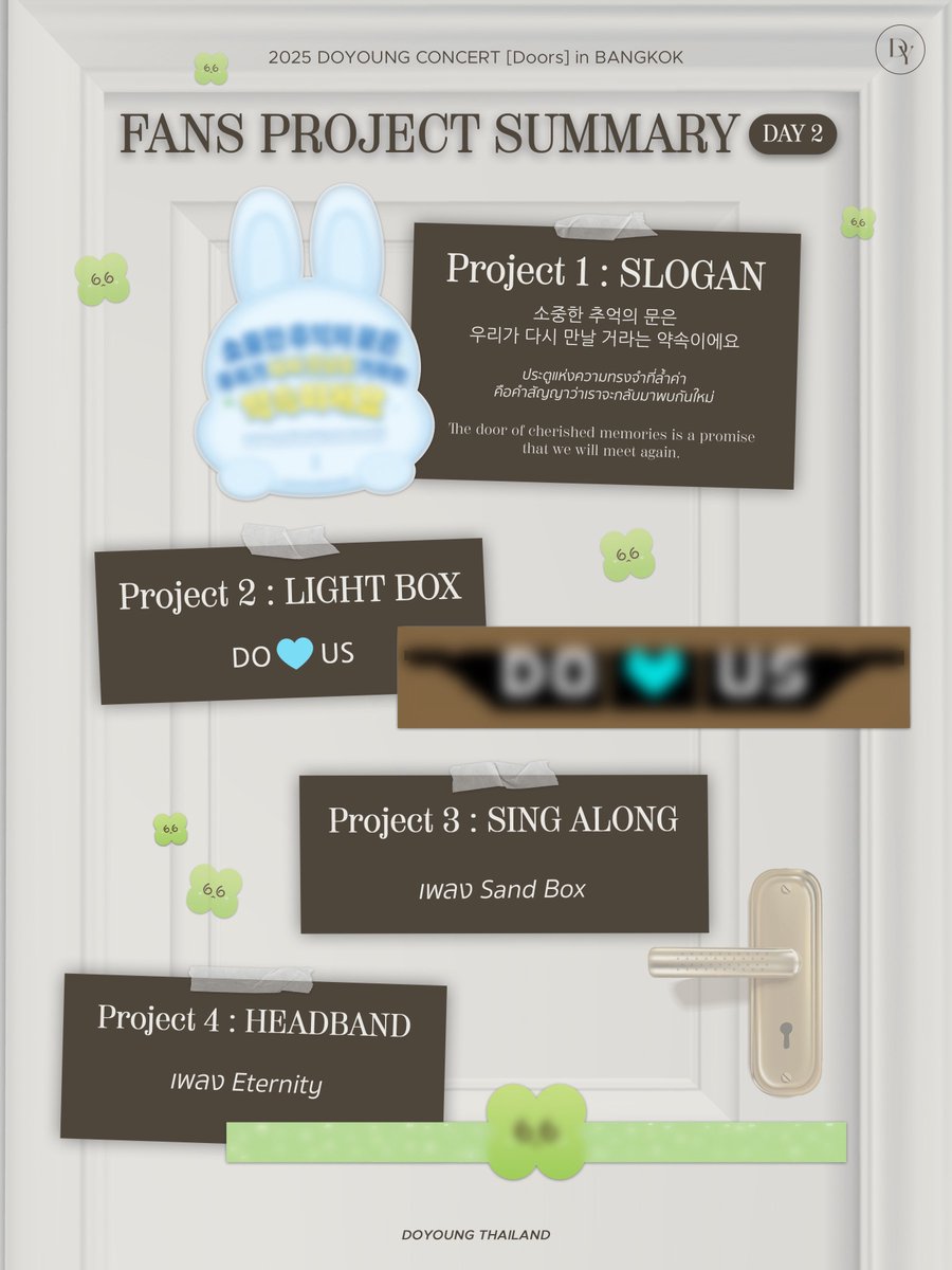 DOYOUNG_TH's tweet photo. FANS PROJECT SUMMARY DAY 2
#DoorsProjectinBKK 
#DOYOUNG_Doors_in_BANGKOK

เรามาเปิดประตูแห่งความทรงจำอันงดงามในวันนี้ไปด้วยกันนะคะ 🩵

โปรเจกต์ 1 : Slogan ช่วง Photo Time
โปรเจกต์ 2 : กล่องไฟ เพลง Memory 
โปรเจกต์ 3 : Sing Along เพลง Sand Box ช่วง Encore (มีเนื้อเพลงภาษาไทยที่ด้านหลังสโลแกนและบนจอ)
โปรเจกต์ 4 : ที่คาดหัว เพลง Eternity

*บัตรยืน รับโปรเจกต์ที่สต๊าฟหลังตรวจบัตร
*บัตรนั่ง ถุงโปรเจกต์อยู่ใต้ที่นั่ง