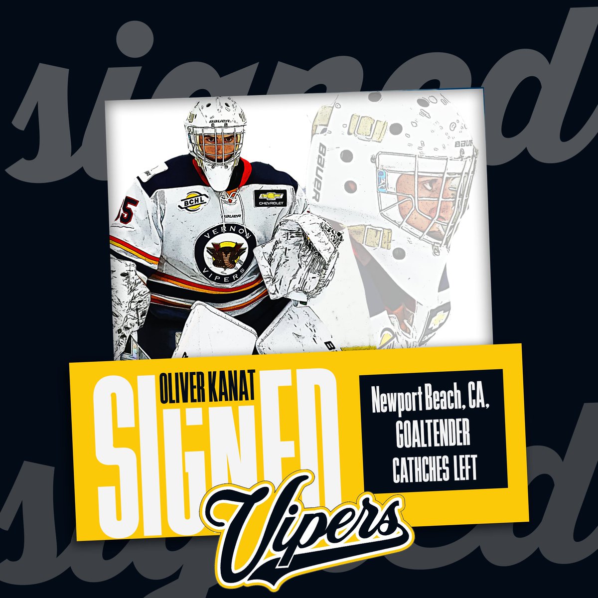🚨 SIGNING NEWS 🚨

The Vipers have added 2008-born goaltender Oliver Kanat!

The Newport Beach, CA product had 20 wins &amp; a .933 SV% with Chicago Mission 16U AAA last season. 🧱🐍

Details: vernonvipers.com/vernon-vipers-…

#TimeToStrike