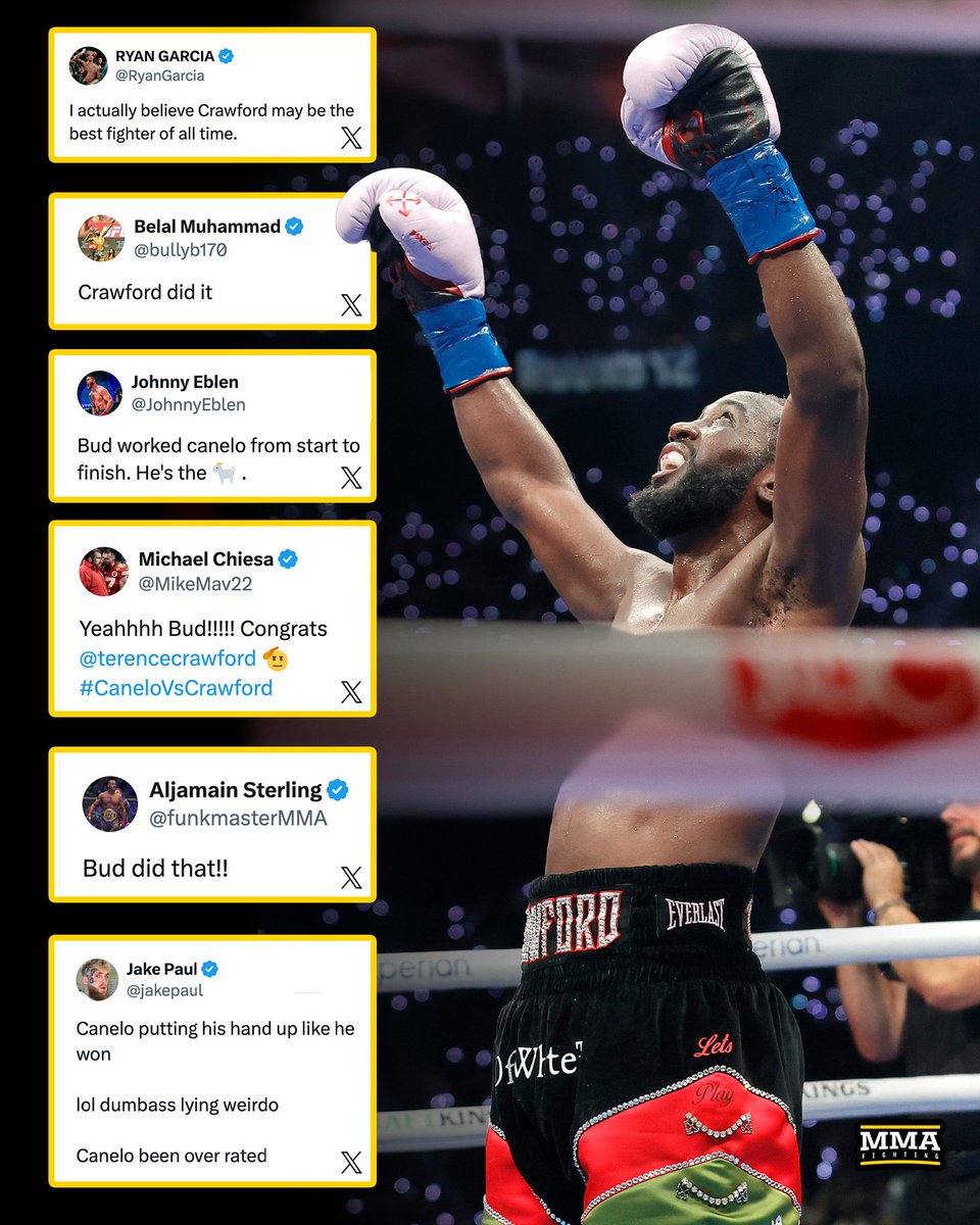 MMAFighting's tweet photo. The fighting world reacts to Terence Crawford's masterclass against Canelo Alvarez 🥊  #CaneloCrawford https://t.co/dghEb6nluW