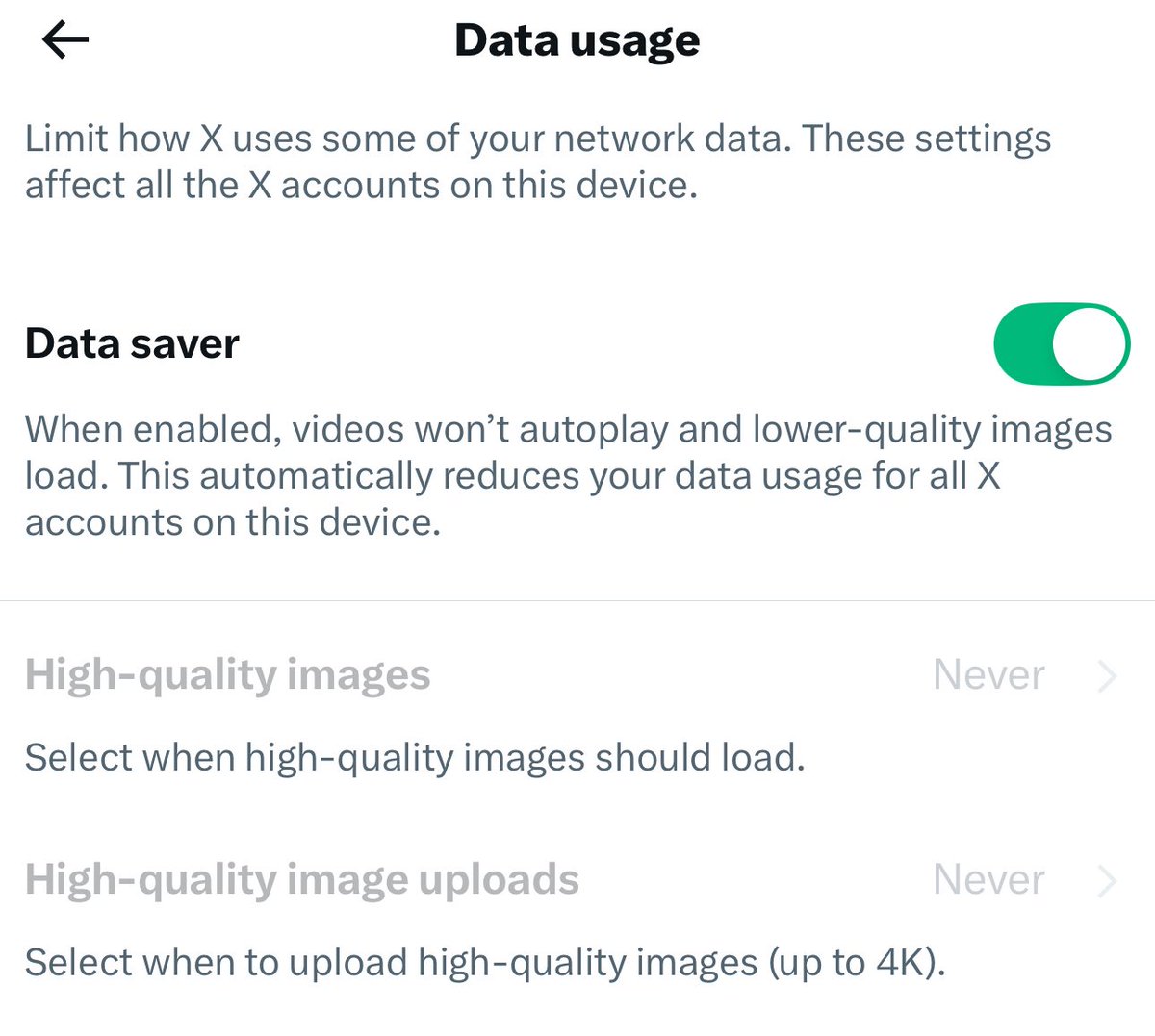 X’i güncelledikten sonra fotoğraflarda farklılık hissettim ve ayarlarda veri kullanımını kontrol ederken “Data saver” ın kendiliğinden açıldığını fark ettim. 

Sanırım Elon şu kadar kullanıcı var, ayarları kapatsak %20’si fark etmese yine sunuculara tasarruf demiştir :)