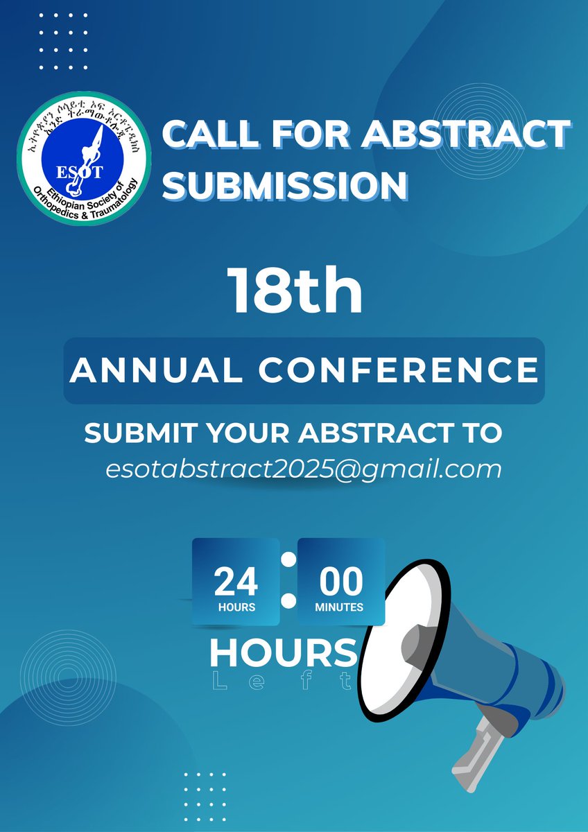 ESOTethiopia's tweet image. ⏳ Just 24 hours left!
The deadline for abstract submissions is tomorrow — September 15
Act now and secure your chance to present!

#ESOT2025 #AbstractDeadline #Orthopedics