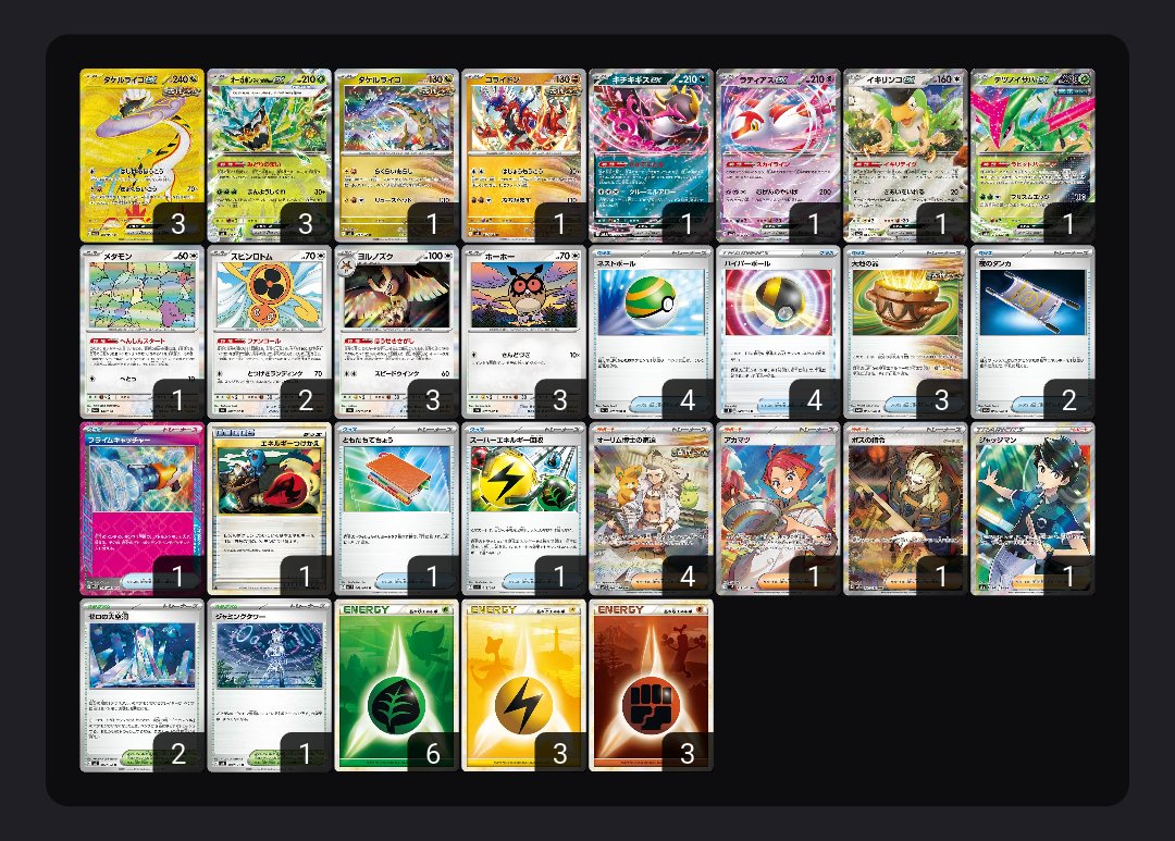 シティリーグ@綱島ブックオフ
2025/09/14
使用デッキ: 大空洞ライコポン

ライコにはちょっと向かい風なマッチングだったけれど、不利対面も割と捲れたし負けた試合もかなり抗えたし、なによりとっても楽しかった
（vsサーフゴーだけ大事故で本当に何もできず）
また出たい

#pnote大会結果