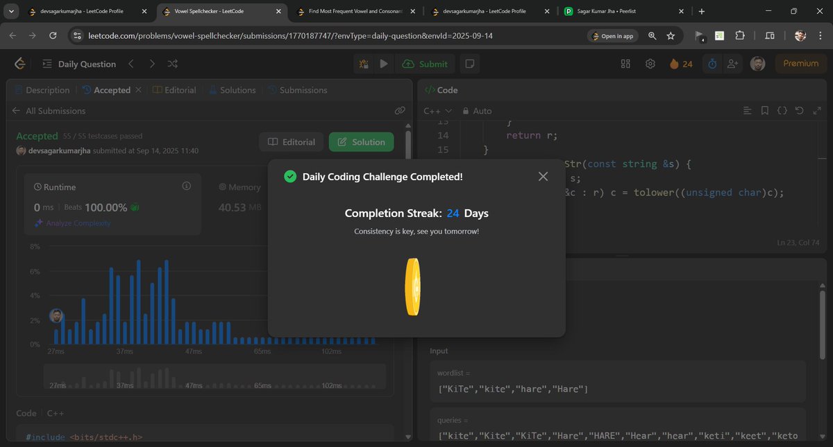 DevSagarKrJha's tweet image. Day 24 Solved✅LC #POTD 966 (Medium)
👉 3-tier match: exact → lowercase → vowel-masked
👉 Use set for exact, maps for lowercase &amp;amp; vowel forms
👉 Query = check in order
⏱ O(L·(N+Q)), neat hashing trick!
🔗 leetcode.com/problems/vowel…
#LeetCode #Hashing #Strings #DSA #100DaysOfCode