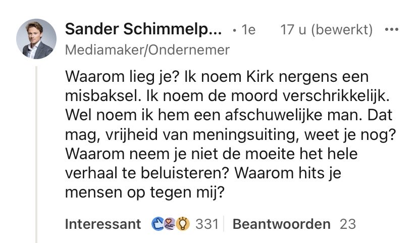 Op Instagram iets roepen/schrijven en het op LinkedIn ontkennen. Wat een clown 🤡 Je kunt nu draaien wat je wilt #Schimmelpenninck maar hier lul jij je nooit meer uit!!
