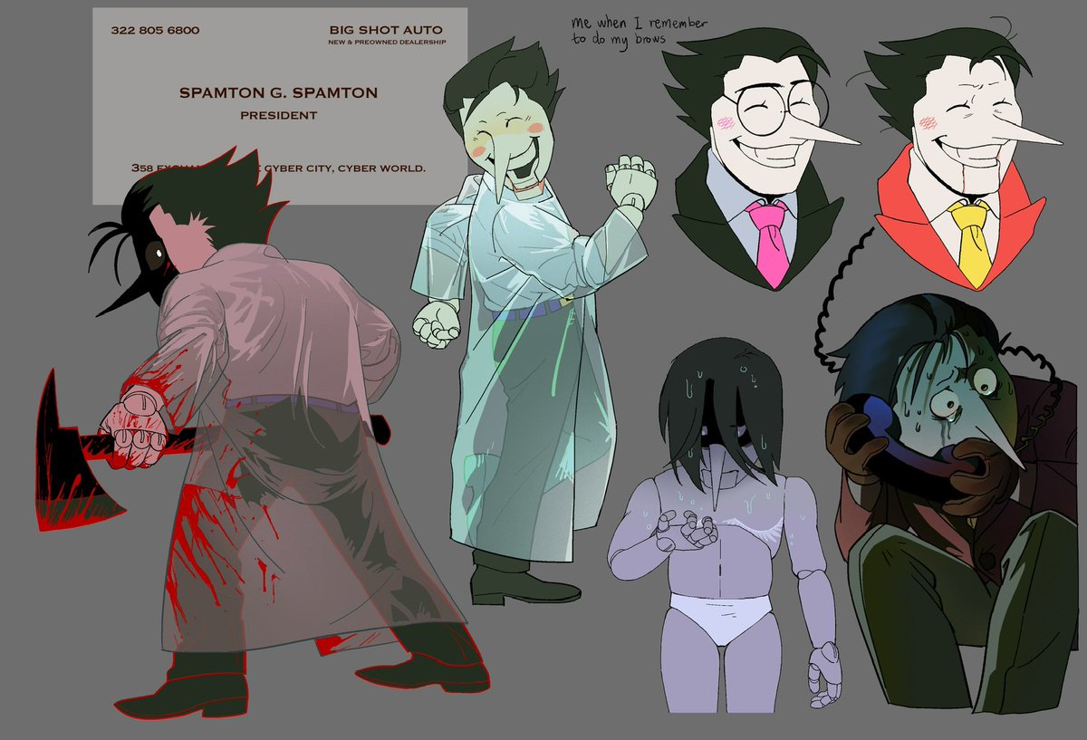 Is that a raincoat?🪓🥼
cw: blood, sfw nudity
hcs about big shot #spamton getting puppetfied even before the deal breaks, with a hint of American Psycho