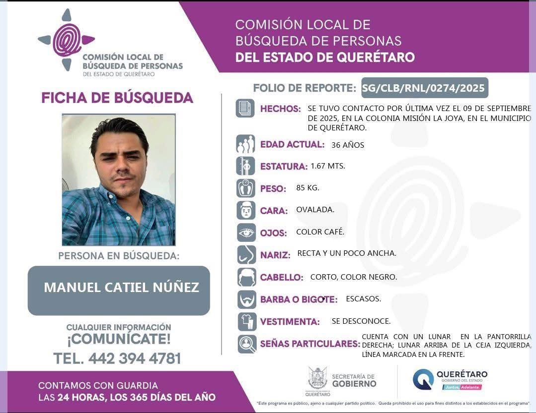 acontecer_'s tweet photo. #ServicioSocial 🔊 | Se busca a Manuel Catiel Núñez, de 36 años, quien la última vez fue visto -el 9 de septiembre- en la colonia Misión La Joya de #Querétaro https://t.co/VxFMaEp8AI