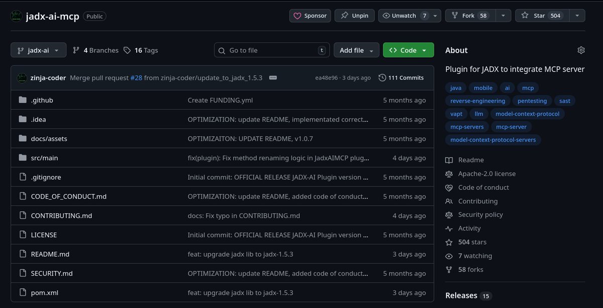 zinja_coder's tweet image. A Milestone, A Journey, and Appreciation for Everyone Who Made It Possible
I’m proud to share a milestone:  - JADX AI MCP Server has surpassed 500+ GitHub stars and 7.9K+ downloads.
Thank you to everyone who has contributed, reported issues, or simply used the tools.
#AI