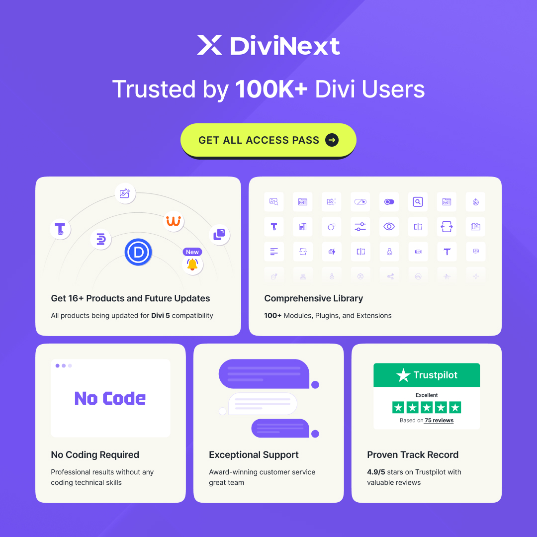divi_next's tweet image. Join 100K+ Divi users! 🤝
Get the DiviNext All Access Pass for 16+ products, 100+ modules, and award-winning support. No coding needed!
Trusted by thousands with a 4.9/5 Trustpilot rating.
Get yours now: divinext.com/downloads/all-…
#DiviNext #WordPress #DiviTheme #ElegantThemes
