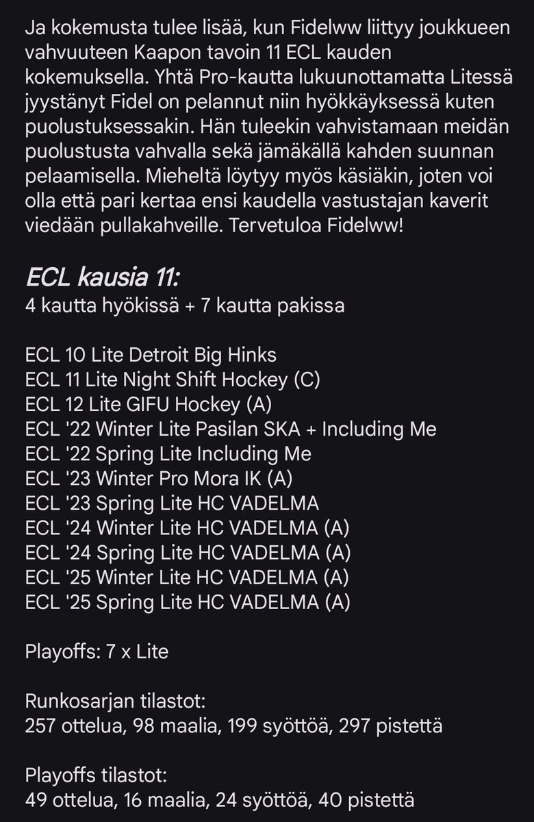📝Sopimus uutisia📝

Joukkueen avauskokoonpano on kasassa uusimman hankinnan myötä! Tervetuloa joukkueeseen Fidelww!
Liitteenä lyhyt pelaajaesittely sekä CV.

Fidelin tili seurantaan <a href="/Fidelww1/">Fidelww</a>