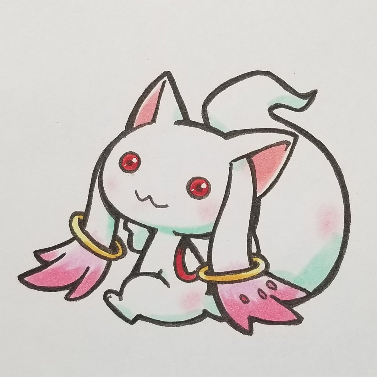 鹿目まどか ,キュゥべえ 「鹿目さん&なまもの 同人ラミ &加工前コピックアナログ塗り絵 リサイクル #魔法」|ここまひ（赤い靴CLUB)のイラスト