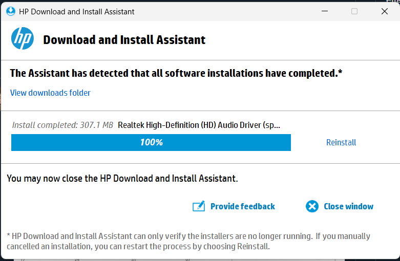 HP's driver "Download and *Install* Assistant" is absolutely useless.

it will just dump a bunch of files with a bunch of different "install.cmd" "install.exe" etc files, into some random folder, not tell you how to install them, and then gaslight you into believing its done.