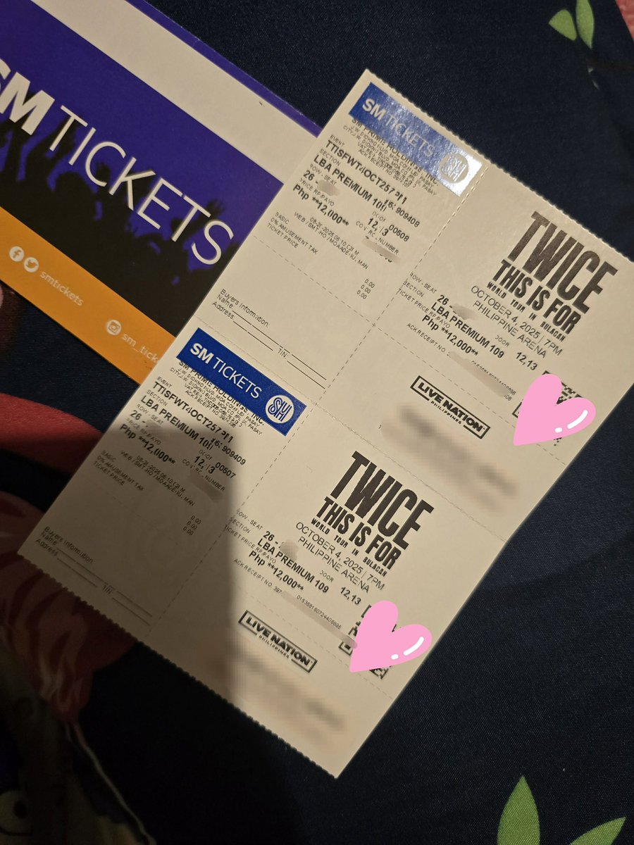 WTS/LFB TWICE THIS IS FOR Bulacan

2 LBAPrem 109 (claimed tickets alr)
Row 26 (magkatabi)

Bought with TA fee. 15,500 each (included na sm online fee)

RFS: Got desired seats
unli legit check. meet up/kaliwaan, no need dp. SM Fairview/SM North/SM Megamall/ SM Makati/One Ayala/BGC