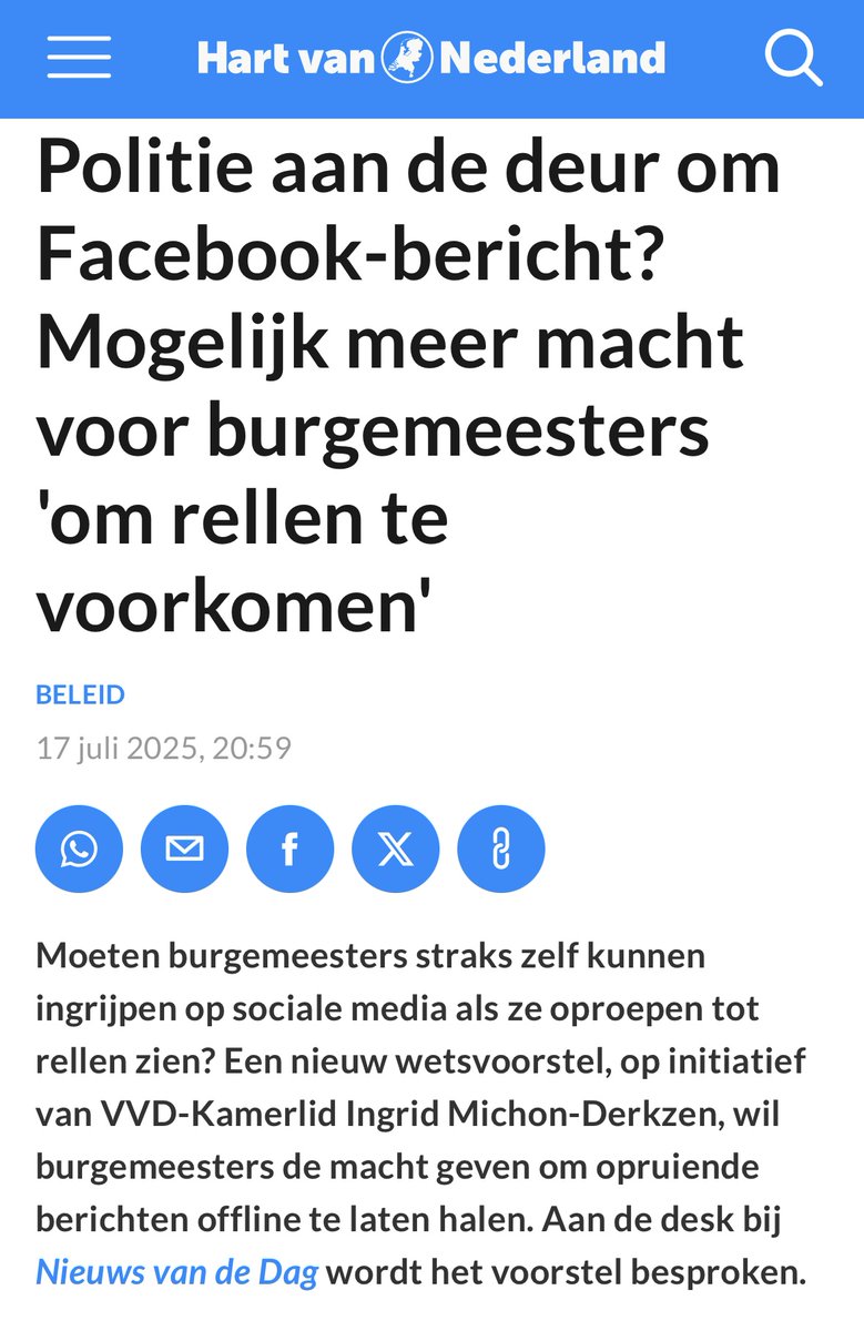 Als de VVD (!) z'n zin krijgt gaan we dit ook in Nederland meemaken. Burgemeesters die preventief uw tweets mogen verwijderen omdat u 'opruiende taal' bezigt. Dat eindigt dus met politie aan de deur. Overigens: Hans Teeuwen kan er al over meepraten. 

nos.nl/nieuwsuur/arti… via