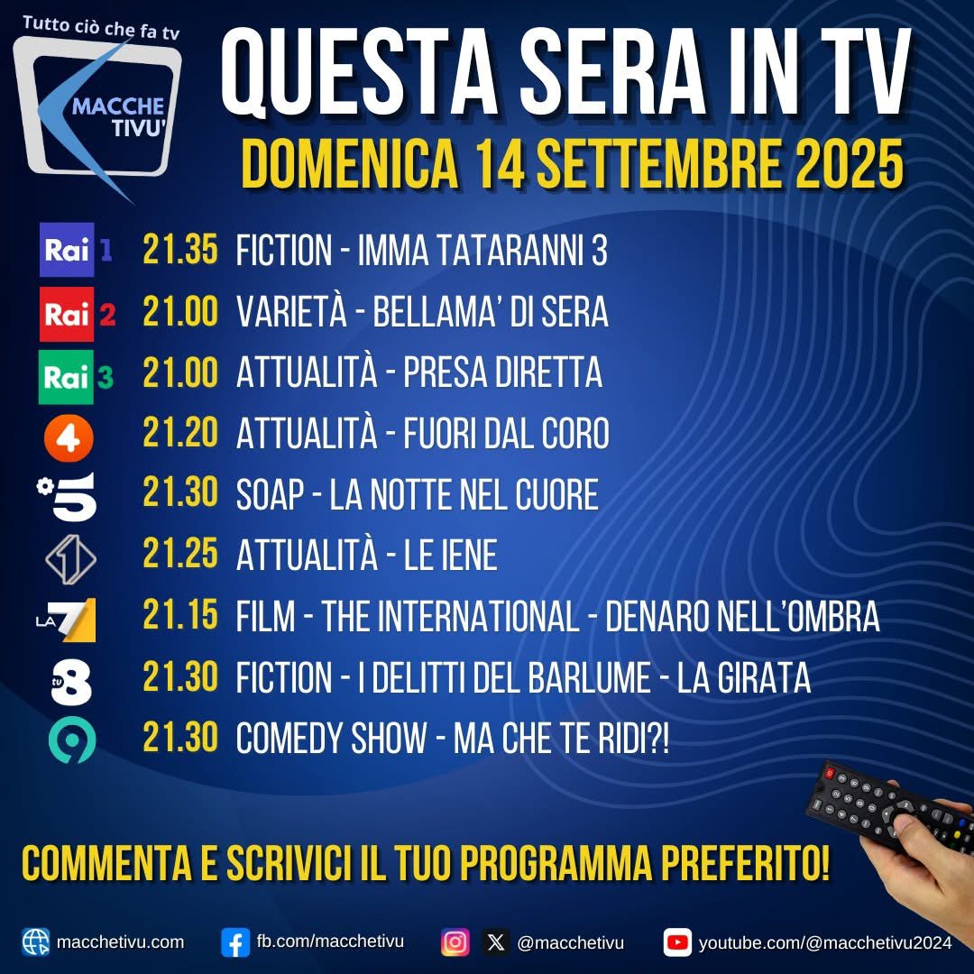 📺 Serata davanti alla TV?
Scopriamo insieme 👀 cosa c’è di interessante da guardare nei primi nove tasti del telecomando. Buona visione!🍿
#StaseraInTV #guidatv #tv #Domenica #ImmaTataranni #bellama #presadiretta #fuoridalcoro #lanottenelcuore #leiene #macheteridi #film #fiction