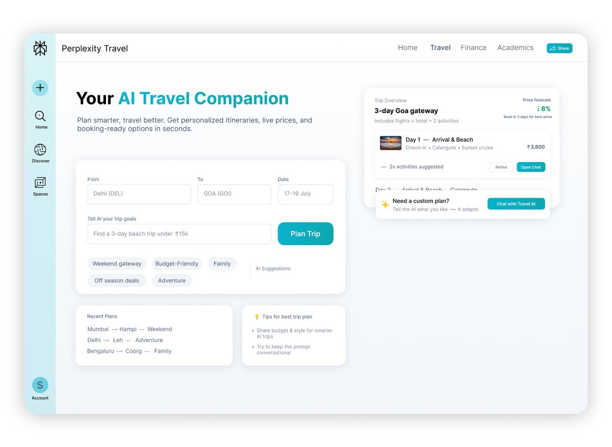 sadhna_designs's tweet photo. The existing Perplexity Travel design didn’t feel aligned with the AI vibe it lacked the smart, futuristic touch. So, I redesigned it to look more AI-driven and worked on UX improvements for a smoother, seamless booking journey https://t.co/U4TasX2Pep