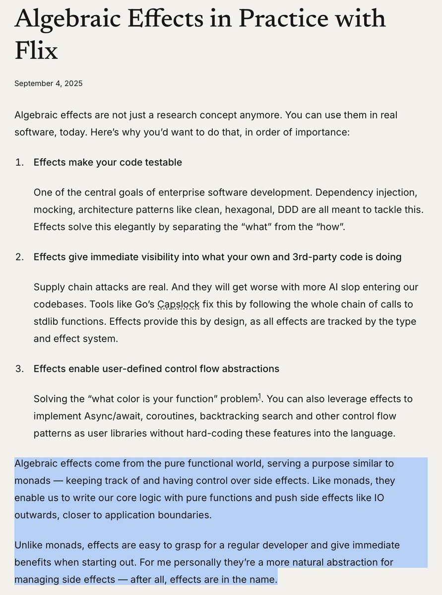 debasishg's tweet image. An interesting question is - do algebraic effects handler pattern provide you with a simpler mental model than monads ?
This article is a very nice exposition of applying algebraic effects on a real world example using Flix, a new programming language that is built with effects…