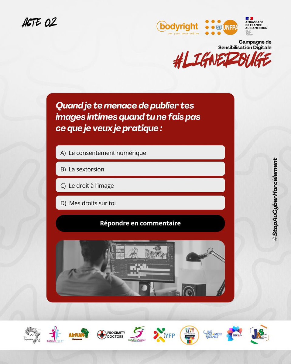 🔍 Énigme du jour  🔍

Quand quelqu’un dit :

👉 “Si tu ne fais pas ce que je veux, je publie tes photos intimes…”

Ce n’est pas de l’amour.
Ce n’est pas un jeu.
C’est une forme de violence numérique. 🚫

❓Sauras-tu nommer cette réalité ?

#LigneRouge #Respect