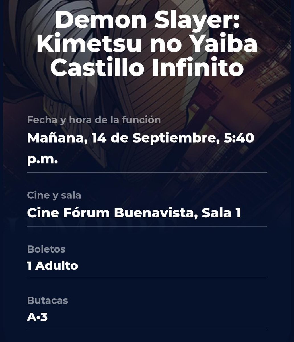 An_TheCucco's tweet photo. Hola! Nos sobran estos boletos para el día de mañana 14 de Septiembre para la película de Kimetsu no yaiba en IMAX, Forum Buenavista CDMX 5:40 PM‼️‼️ 
No podemos ir 😭😭

Se dejan a $145 💵, se compraron a $159 cada uno, pueden elegir el que gusten

Favor de dar RT 📢📢📢👥 https://t.co/eZPIJIUePu