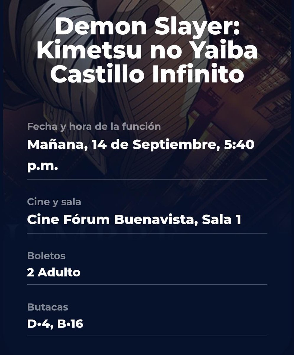 An_TheCucco's tweet photo. Hola! Nos sobran estos boletos para el día de mañana 14 de Septiembre para la película de Kimetsu no yaiba en IMAX, Forum Buenavista CDMX 5:40 PM‼️‼️ 
No podemos ir 😭😭

Se dejan a $145 💵, se compraron a $159 cada uno, pueden elegir el que gusten

Favor de dar RT 📢📢📢👥 https://t.co/eZPIJIUePu