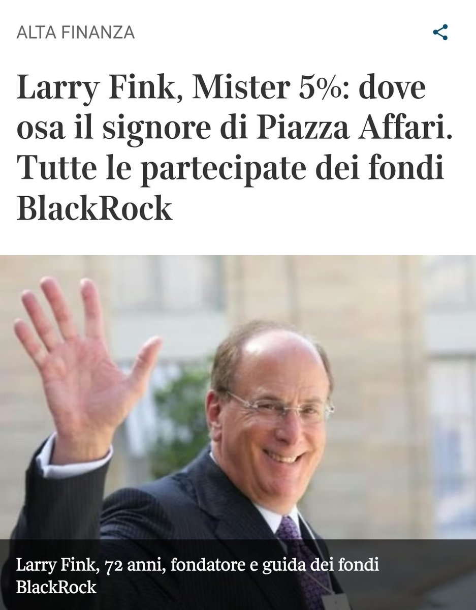 BLACKROCK
del prof. Alessandro Volpi 

Un breve ripasso. La Consob ha reso noto, nei giorni scorsi, che BlackRock ha una partecipazione superiore al 5% in Bper. Si tratta solo di una delle infinite partecipazioni che il grande fondo di gestione Usa ha in Italia. Provo a