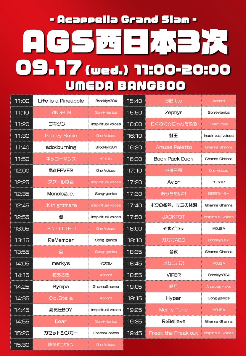 Acappella Grand Slam (@acappellags) on Twitter photo 🏆AGS #アカペラグランドスラム🏆
『ジャパンリーグ西日本3次予選』
@梅田BANGBOO
👀観覧無料(1Drinkのみ。再入場可)
※各日開演30分前から開場
📺YouTubeにて生配信
👉youtube.com/@acappellags
▼西日本3次審査員
<a href="/ryontaEx/">りょーた|PLUS Unison.</a>
<a href="/yaya_shimazaki/">寧也 / やや</a>
<a href="/0413Hikoharu/">晴彦(はる)</a>
<a href="/jinsei1030/">近藤臣成</a>
<a href="/Bayashi_bbx/">Bayashi / ばやし</a>
#AGS2025 🏆AGS #アカペラグランドスラム🏆
『ジャパンリーグ西日本3次予選』
@梅田BANGBOO
👀観覧無料(1Drinkのみ。再入場可)
※各日開演30分前から開場
📺YouTubeにて生配信
👉youtube.com/@acappellags
▼西日本3次審査員
<a href="/ryontaEx/">りょーた|PLUS Unison.</a>
<a href="/yaya_shimazaki/">寧也 / やや</a>
<a href="/0413Hikoharu/">晴彦(はる)</a>
<a href="/jinsei1030/">近藤臣成</a>
<a href="/Bayashi_bbx/">Bayashi / ばやし</a>
#AGS2025